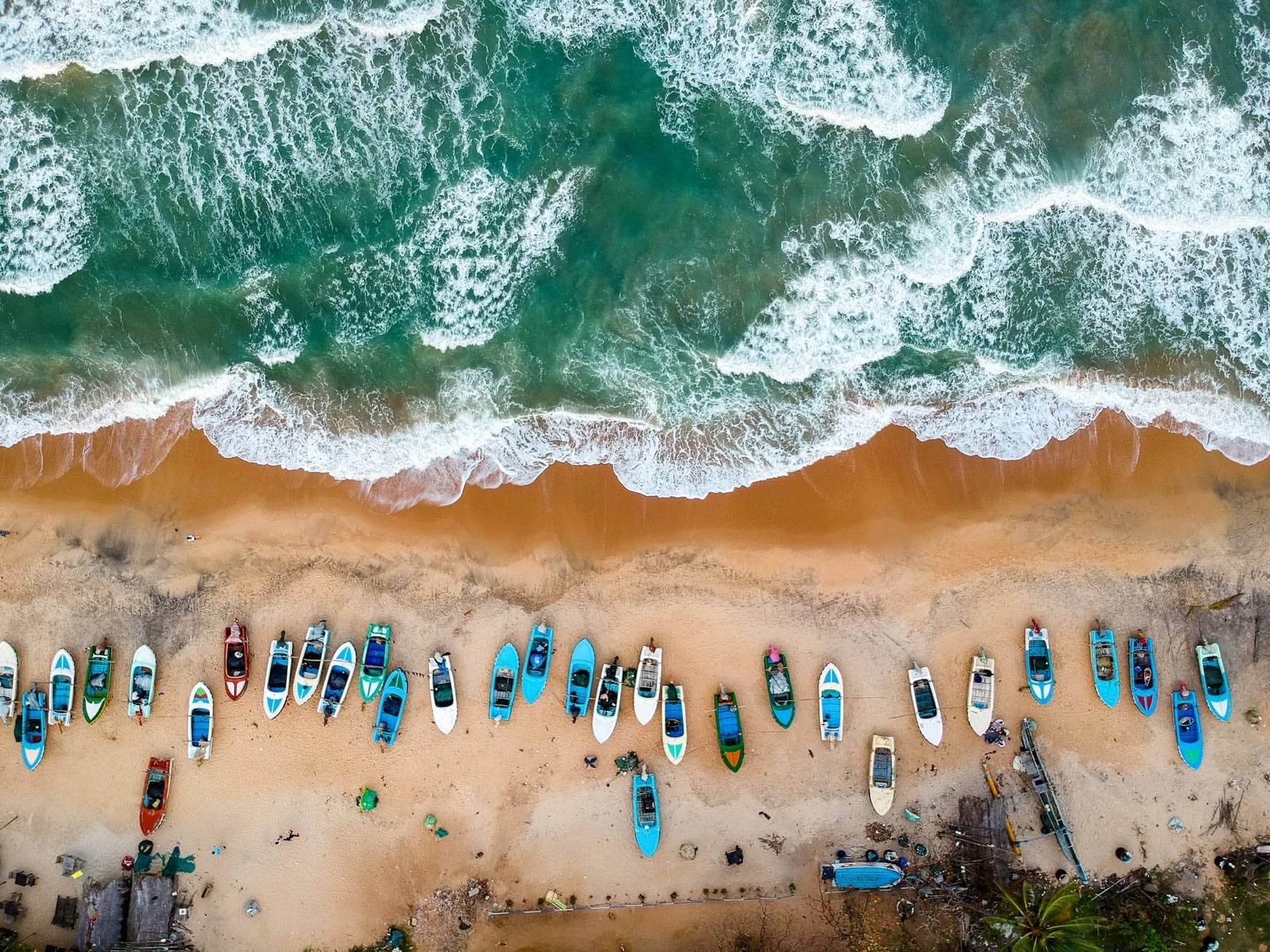 Aerial view of colourful fishing boats lined along the golden sand at Arugam Bay, Sri Lanka’s east coast